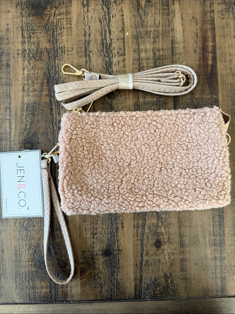 Jen & Co Faux Sherpa Wristlet in Blush Pink with Detachable Strap